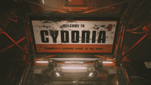 A sign reading "Welcome to Cydonia, humanities stepping stone to the stars"